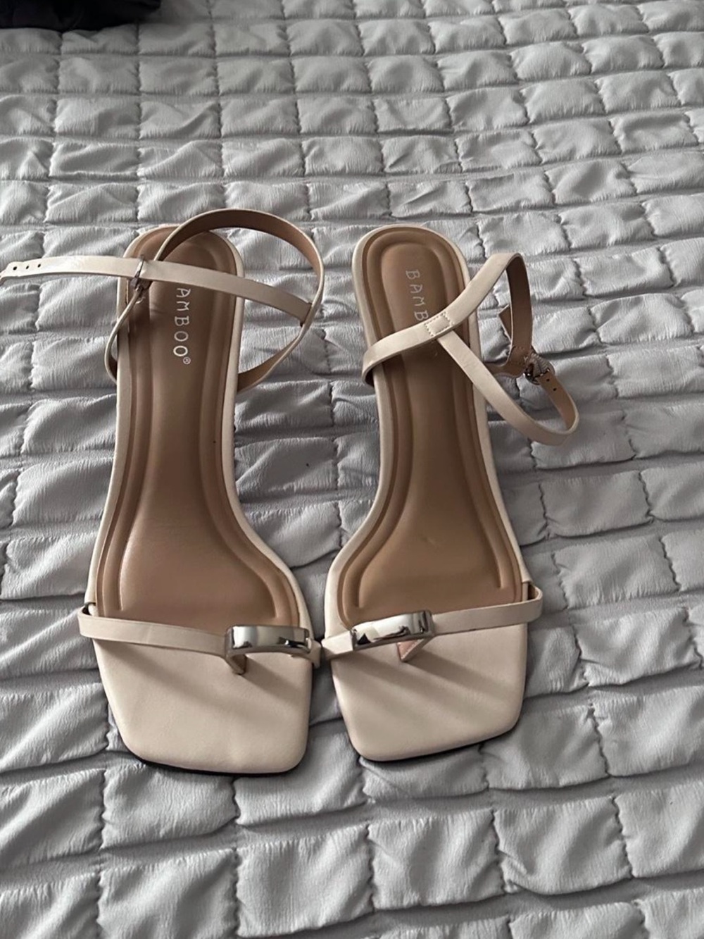 BAMBOO Beige Strappy Square-Toe Ankle Strap Sandals